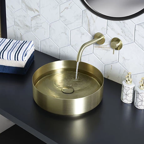 JTP Vos Brushed Brass Round Stainless Steel Counter Top Basin + Waste 1 JTP Vos Brushed Brass Round Stainless Steel Counter Top Basin + Waste