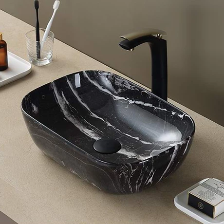 Arezzo 455 x 325mm Curved Rectangular Counter Top Basin - Gloss Black Marble Effect 2 Arezzo 455 x 325mm Curved Rectangular Counter Top Basin - Gloss Black Marble Effect - Image 2