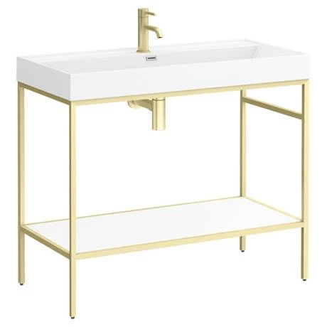 Arezzo 1000 Brushed Brass Framed Washstand with Gloss White Open Shelf and Basin 3 Arezzo 1000 Brushed Brass Framed Washstand with Gloss White Open Shelf and Basin - Image 3
