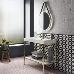 Arezzo 1000 Brushed Brass Framed Washstand with Gloss White Open Shelf and Basin