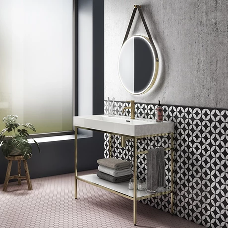 Arezzo 1000 Brushed Brass Framed Washstand with Gloss White Open Shelf and Basin 1 Arezzo 1000 Brushed Brass Framed Washstand with Gloss White Open Shelf and Basin