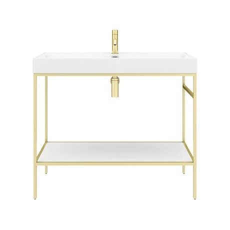 Arezzo 1000 Brushed Brass Framed Washstand with Gloss White Open Shelf and Basin 4 Arezzo 1000 Brushed Brass Framed Washstand with Gloss White Open Shelf and Basin - Image 4
