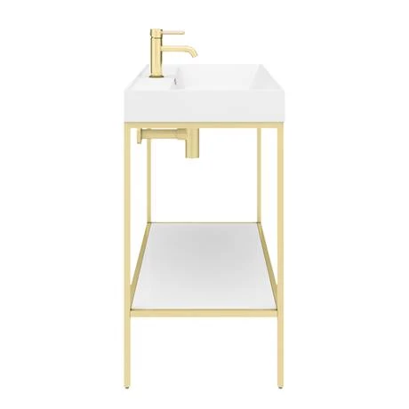 Arezzo 1000 Brushed Brass Framed Washstand with Gloss White Open Shelf and Basin 5 Arezzo 1000 Brushed Brass Framed Washstand with Gloss White Open Shelf and Basin - Image 5