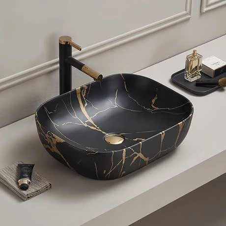 Arezzo 505 x 404mm Rectangular Counter Top Basin - Matt Black & Gold Marble Effect 2 Arezzo 505 x 404mm Rectangular Counter Top Basin - Matt Black & Gold Marble Effect - Image 2