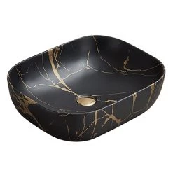Arezzo 505 x 404mm Rectangular Counter Top Basin - Matt Black & Gold Marble Effect