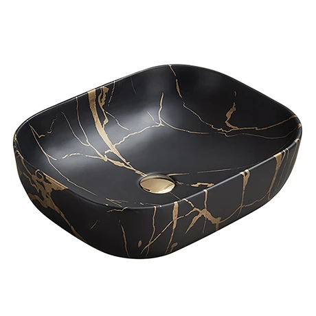 Arezzo 505 x 404mm Rectangular Counter Top Basin - Matt Black & Gold Marble Effect 1 Arezzo 505 x 404mm Rectangular Counter Top Basin - Matt Black & Gold Marble Effect