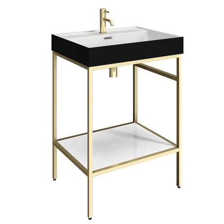 Arezzo 600 Brushed Brass Framed Washstand with Gloss White Open Shelf and Matt Black Basin 2 Arezzo 600 Brushed Brass Framed Washstand with Gloss White Open Shelf and Matt Black Basin - Image 2