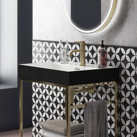 Arezzo 600 Brushed Brass Framed Washstand with Gloss White Open Shelf and Matt Black Basin 4 Arezzo 600 Brushed Brass Framed Washstand with Gloss White Open Shelf and Matt Black Basin - Image 4