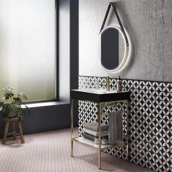 Arezzo 600 Brushed Brass Framed Washstand with Gloss White Open Shelf and Matt Black Basin