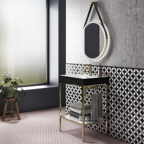 Arezzo 600 Brushed Brass Framed Washstand with Gloss White Open Shelf and Matt Black Basin 1 Arezzo 600 Brushed Brass Framed Washstand with Gloss White Open Shelf and Matt Black Basin