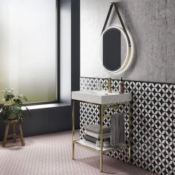 Arezzo 600 Brushed Brass Framed Washstand with Gloss White Open Shelf and Basin