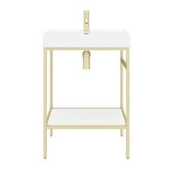 Arezzo 600 Brushed Brass Framed Washstand with Gloss White Open Shelf and Basin -Cheap Basins Store AZ6BBFPM d4 460