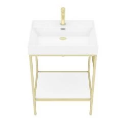Arezzo 600 Brushed Brass Framed Washstand with Gloss White Open Shelf and Basin -Cheap Basins Store AZ6BBFPM d5 460