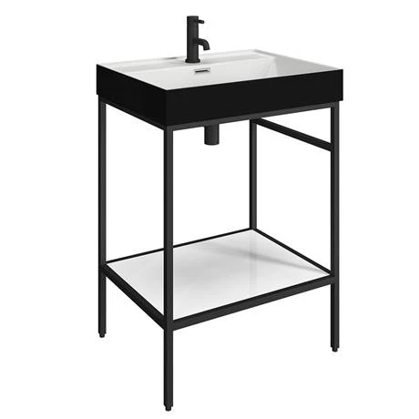 Arezzo 600 Matt Black Framed Washstand with Gloss White Open Shelf and Matt Black Basin 2 Arezzo 600 Matt Black Framed Washstand with Gloss White Open Shelf and Matt Black Basin - Image 2