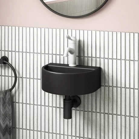 Arezzo Matt Black Round Wall Hung Cloakroom Basin 1TH (303 x 255mm) 2 Arezzo Matt Black Round Wall Hung Cloakroom Basin 1TH (303 x 255mm) - Image 2