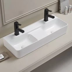 Arezzo Double Bowl Wall Mounted Basin - 810mm Wide - 1 Tap Hole per Bowl -Cheap Basins Store AZ78623 d2 460