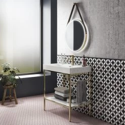 Arezzo 800 Brushed Brass Framed Washstand with Gloss White Open Shelf and Basin