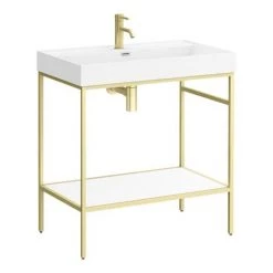 Arezzo 800 Brushed Brass Framed Washstand with Gloss White Open Shelf and Basin -Cheap Basins Store AZ8BBFPM D3 460