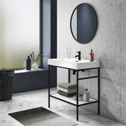Arezzo 800 Matt Black Framed Washstand with Gloss White Open Shelf and Basin