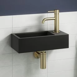 Arezzo 410 x 210 Square Wall Hung Basin with Tap Package (Matt Black - Brushed Brass)