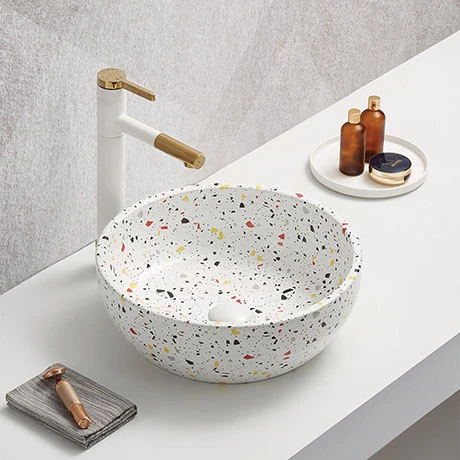 Arezzo White Terrazzo Effect Round Countertop Basin - 410mm Diameter 1 Arezzo White Terrazzo Effect Round Countertop Basin - 410mm Diameter