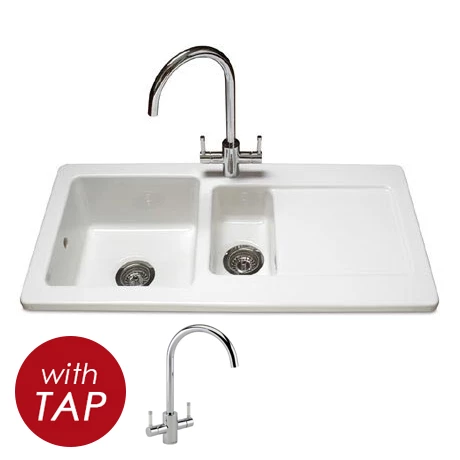 Reginox Contemporary White Ceramic 1.5 Bowl Kitchen Sink RL501CW + Tap 1 Reginox Contemporary White Ceramic 1.5 Bowl Kitchen Sink RL501CW + Tap