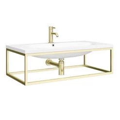Venice 900mm Wall Hung Basin with Brushed Brass Towel Rail Frame inc. Tap + Bottle Trap