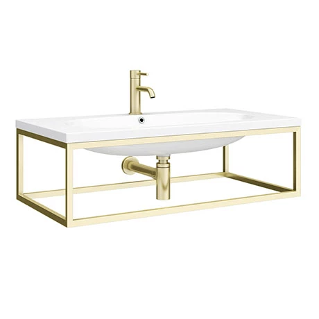 Venice 900mm Wall Hung Basin with Brushed Brass Towel Rail Frame inc. Tap + Bottle Trap 1 Venice 900mm Wall Hung Basin with Brushed Brass Towel Rail Frame inc. Tap + Bottle Trap