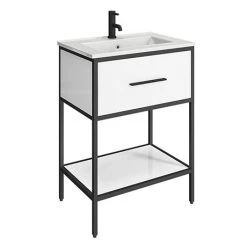 Venice Matt Black 600mm Framed Washstand and Basin inc. Tap + Waste