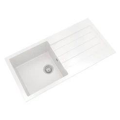 Venice 1.0 Bowl Matt White Composite Kitchen Sink + Chrome Waste -Cheap Basins Store VSNK101 D2 460